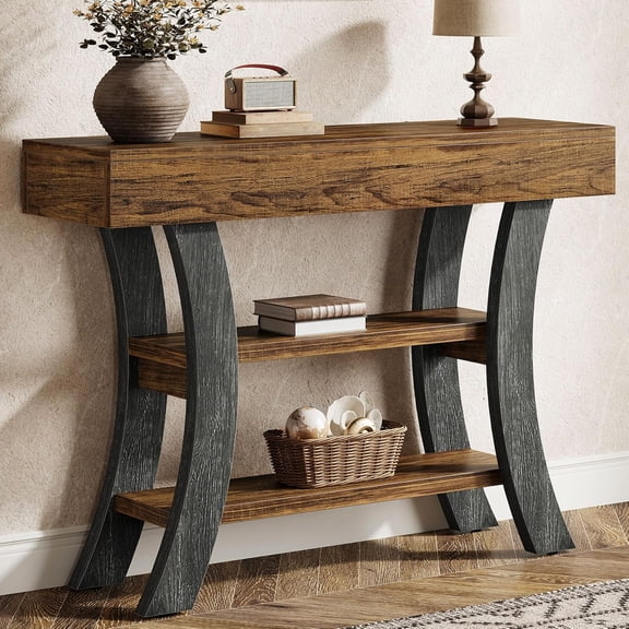 41" Small Console Table for Entryway, 3-Tier Narrow Rustic Sofa Table with Storage Shelves and Curved Frame for Living Room, Entry, Hallway, Foyer (Brown & Grey)