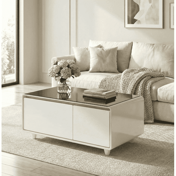 41" Smart Coffee Table with 93L Built-in Fridge & Freezer, Bluetooth Speaker, Touch Control, 15W Wireless Charging, USB Ports, LED Light (White)