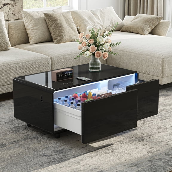 41" Smart Coffee Table with 93L Fridge & Freezer, Bluetooth Speaker, Touch Control, 15W Wireless Charging, USB Ports, LED Light, Living Room Furniture (Black)