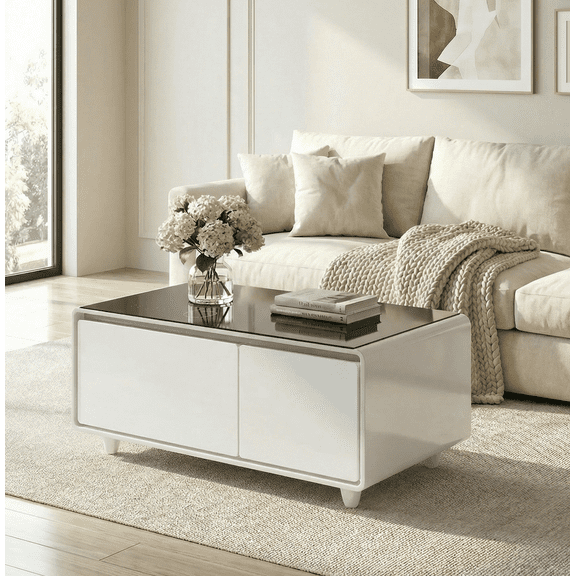 41" Smart Fridge Coffee Table, 93L Refrigerator, Bluetooth, Touch Control Panel, 15W Wireless Charger, USB Ports, Speaker, Atmosphere Light, for Living Rooms, Offices, Conference Rooms– White