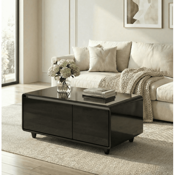 41" Smart Coffee Table with 93L Fridge & Freezer, Bluetooth Speaker, Touch Control, 15W Wireless Charging, USB Ports, LED Light, Living Room Furniture (Black)
