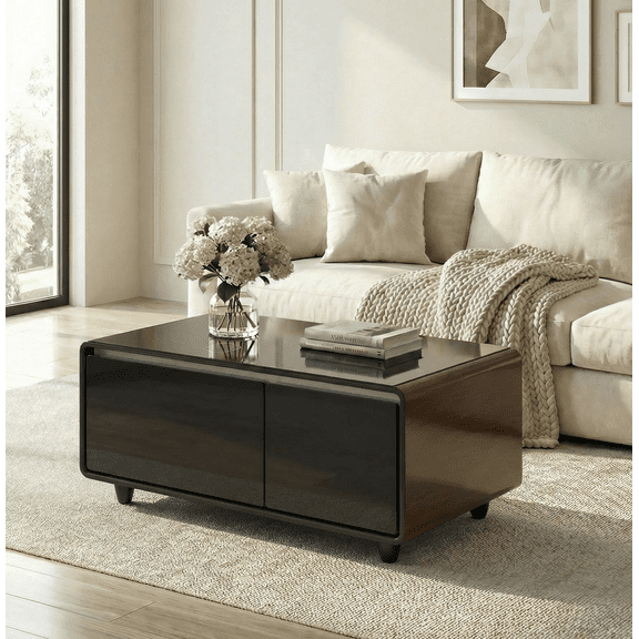 41" Smart Fridge Coffee Table, 93L Refrigerator, Bluetooth, Touch Control Panel, 15W Wireless Charger, USB Ports, Speaker, Atmosphere Light, for Living Rooms, Offices, Conference Rooms– Brown