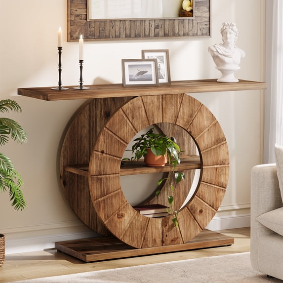 41" Solid Wood Console Table with 3-Tier Shelves, Round Carved Base, Farmhouse Entryway or Sofa Table for Living Room, Hallway, Foyer