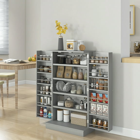 41" Storage For Pantry Cabinet, 12 Door Shelves, Double Doors, 5 Shelving, Adjustable, Paper Gray Functional Unit Container, Convenient Access