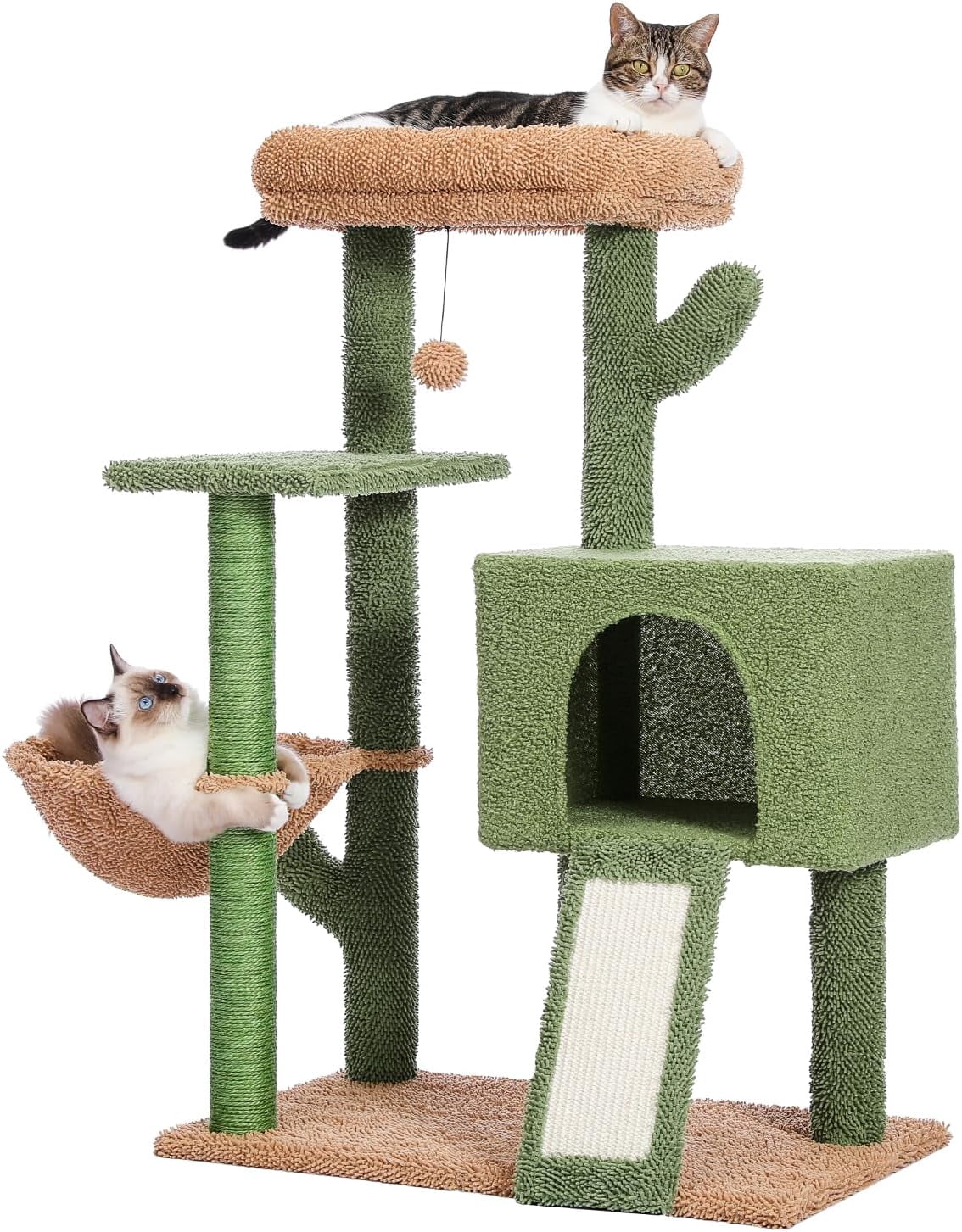 41" Tall Cactus Cat Tree Cat Tower with Sisal Scratching Post, Cozy Condo, Plush Perch & Soft Hammock - Ideal Indoor Cat Climbing Stand for Small and Medium Cats Green Brown