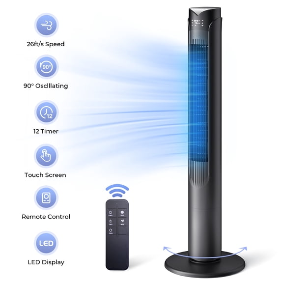 41" Tower Fan with Remote, 90 Oscillating Fans with 3 Speeds, 3 Modes, 26 ft/s High Velocity, LED Display, 12H Timer, For Home, Living Room, Office