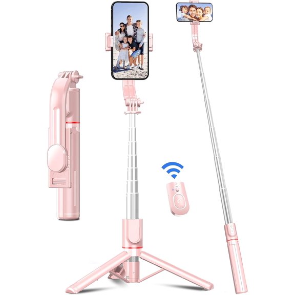 41'' Tripod for Phone, Extendable Selfie Stick with Wireless Remote, Aluminum Cell Phone Tripod Stand 360Rotate Lightweight & Portable Compatible with iPhone/Android (Pink)
