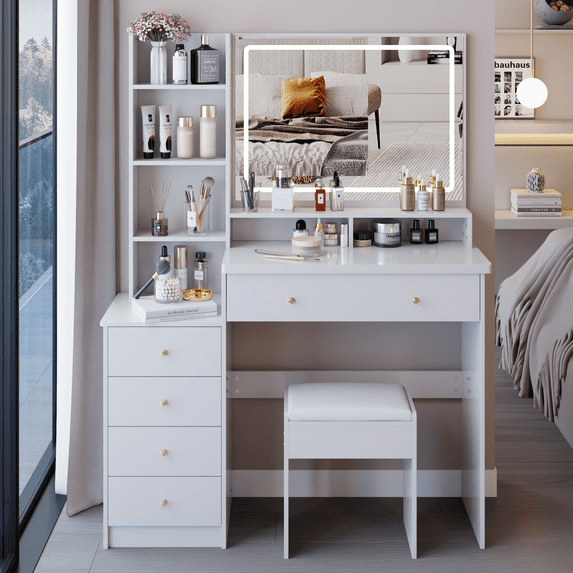 41" Vanity Table with Extra-Large LED Mirror | 3-Color Adjustable Lighting & Multi-Layer Storage | Cushioned Stool, White