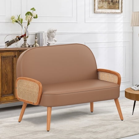 41" W Faux Leather Small loveseat with Natural Rattan Arms,Upholstered Modern Mini Sofa Couch Love Seat Settee Bench with Back for Living Room Bedroom Office Small Space Entryway