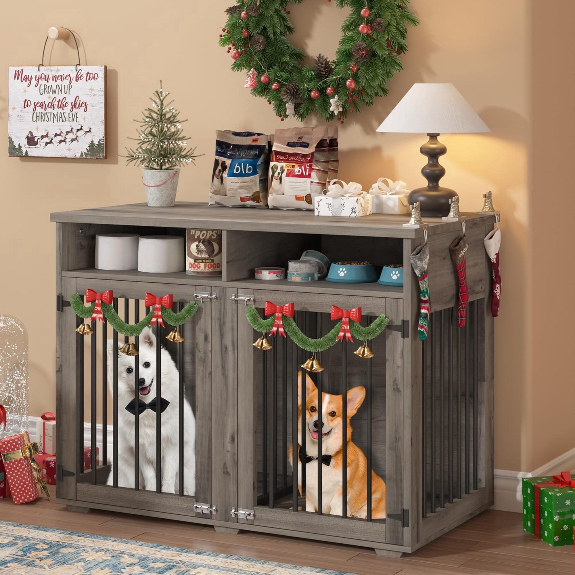 41" Washed Gray Farmhouse-Style 2-Door Dog Crate with Storage Shelves – Indoor Kennel Furniture for 2 Small/Medium Dogs