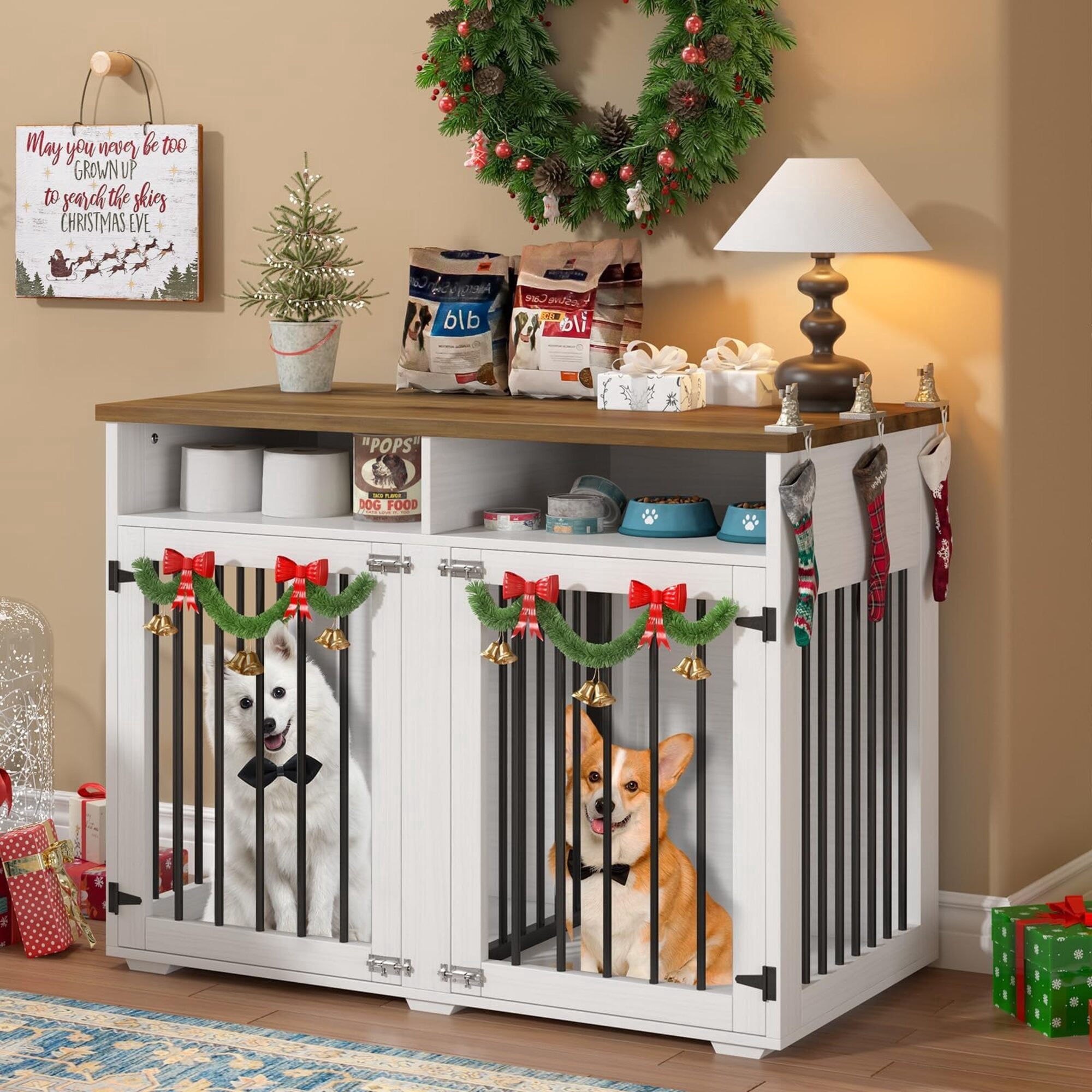 41" White Farmhouse 2-Lockable Door Dog Crate with Storage Shelves – Sturdy Indoor Kennel for 2 Small/Medium Dogs, Removable Divider Included
