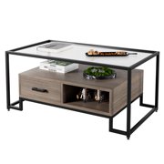 41" Wide Rectangular Coffee Table in Steel, Modern Coffee Tables with 2 Shelf & Storage Drawer,Tempered Glass Top + Steel frame, for Living Room, Studio Apartment Essentials