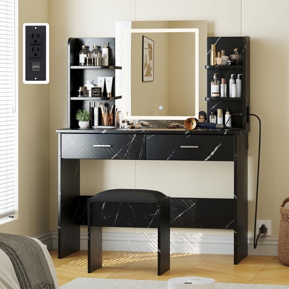 41" Wide Vanity Desk with LED Lighted Mirror & Power Outlet & 6 Shelves, Makeup Vanity Table Set with Storage Stool and 2 Drawers, Marble Black