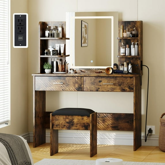 41" Wide Vanity Desk with LED Lighted Mirror & Power Outlet & 6 Shelves, Makeup Vanity Table Set with Storage Stool and 2 Drawers, Rustic Brown