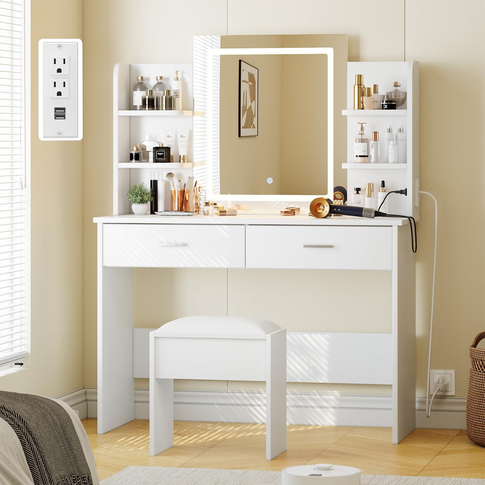 Yamissi White Vanity Desk Set with LED Lighted Sliding
