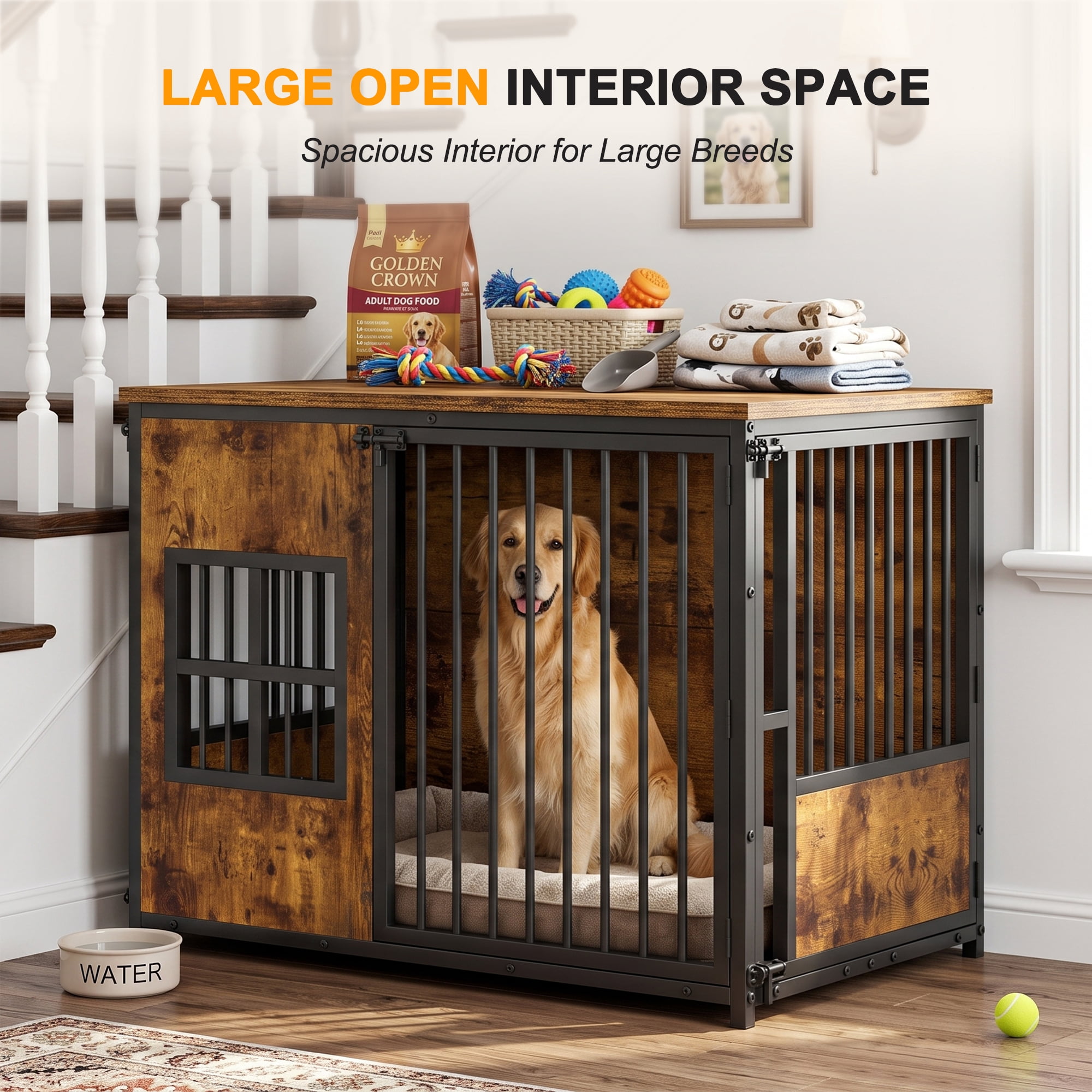 41" Wooden Dog Crate Furniture with Storage Top, Large Dog Cage for Home