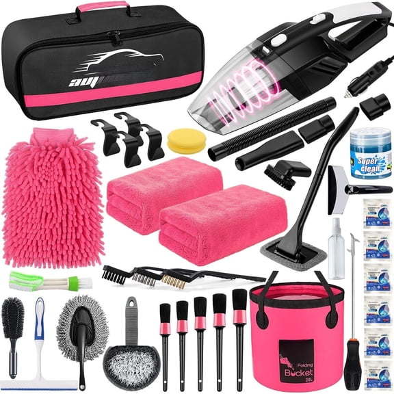 41 count Cleaning Wash Kit Interior Detailing Cleaner Kit with High Power Handheld Vacuum, Collapsible Bucket, Windshield Tool, Snow Shovel, Tire Brush, Complete Care Tools,