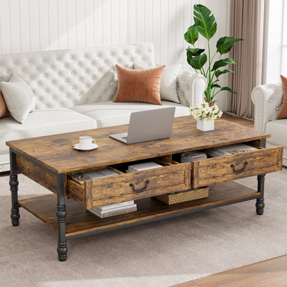 41 in Wood Coffee Table with 2 Storage Drawers, Rustic Rectangular Living Room Tables w/Storage Shelf, Wooden Center Table for Living Room Office
