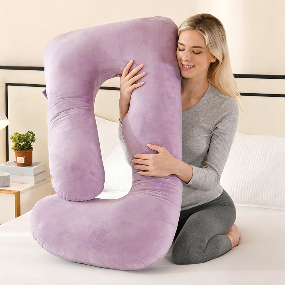 41-inch J-Shaped Pregnancy Pillow, Full Body Maternity Pillow for Side Sleepers, Soft Velvet Removable Washable Cover, Back Hip Leg Support,Purple