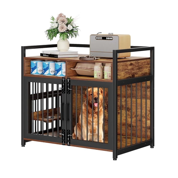 41 inch Large Dog Crate Furniture, 2 Storage Drawers, 360° Adjustable Raised Feeder, Double Doors, Indoor Dog Crate for Large or Medium Dogs