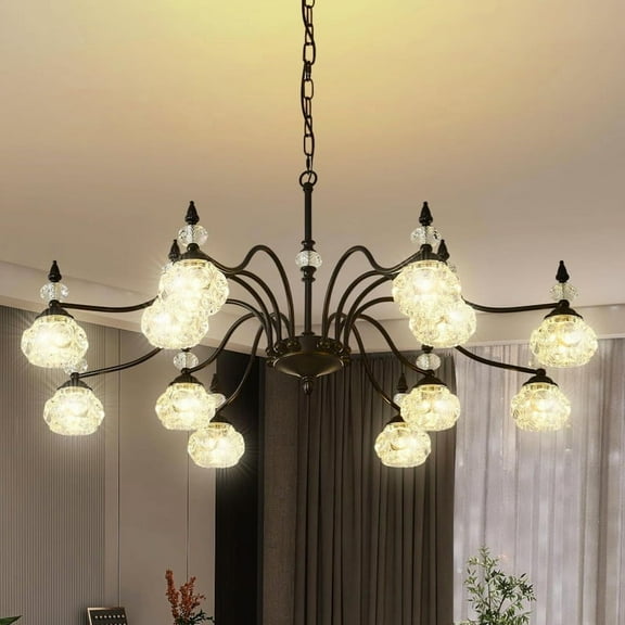 41-inch Vintage Crystal Chandelier, 12-Light Antique Victorian Pendant Light with Crystal Glass Shades, Modern Farmhouse Hanging Light for Kitchen Island, Living Room, Office