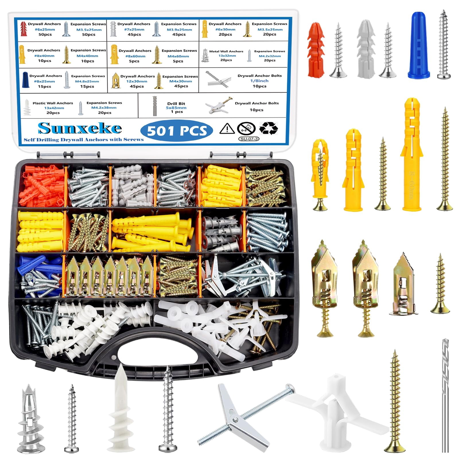 410 PCS Self Drilling Drywall Anchors with Screws Kit - 2 Sizes Sheetrock Anchors & 4 Sizes Zinc Expansion Screws,2025 Upgraded Zinc Plated Steel,No Drill Needed, Holds Up to 66LB on Walls