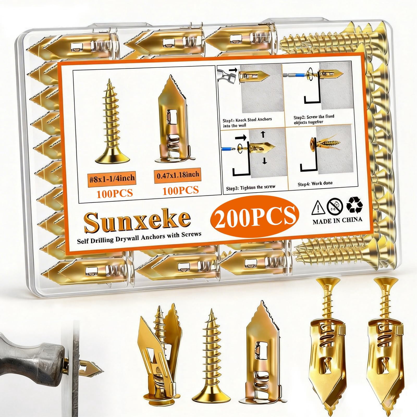 410 PCS Self Drilling Drywall Anchors with Screws Kit - 2 Sizes Sheetrock Anchors & 4 Sizes Zinc Expansion Screws,2025 Upgraded Zinc Plated Steel,No Drill Needed, Holds Up to 66LB on Walls