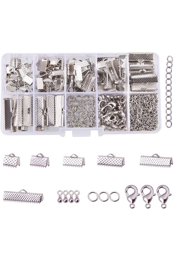 410 Pcs Jewelry Finding Kits with Ribbon Clamp End Jump Ring Lobster Claw Clasps Extender Chain Drop Ends for Jewelry Making Platinum Silver