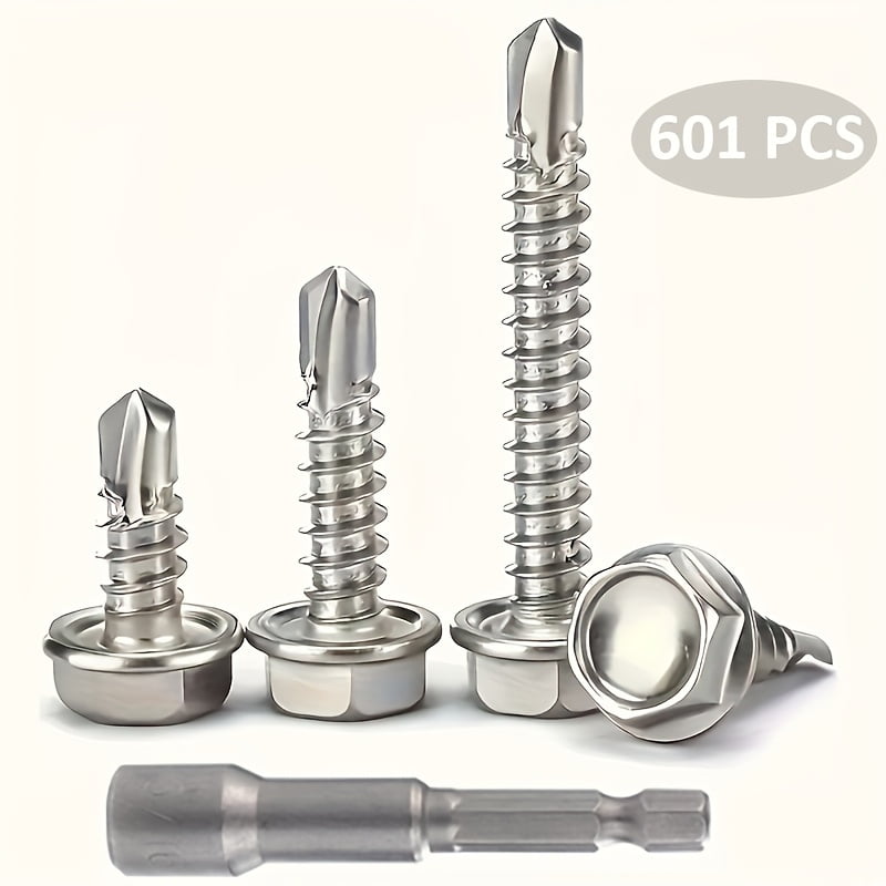410 Stainless Steel #8 Self Tapping TEK Screws Assortment Kit, 600pcs - Hex Washer Head Self Drilling Screws for Metal & Furniture Building/Repair (1/2", 3/4", 1" Lengths) Includes Free Hex Socket