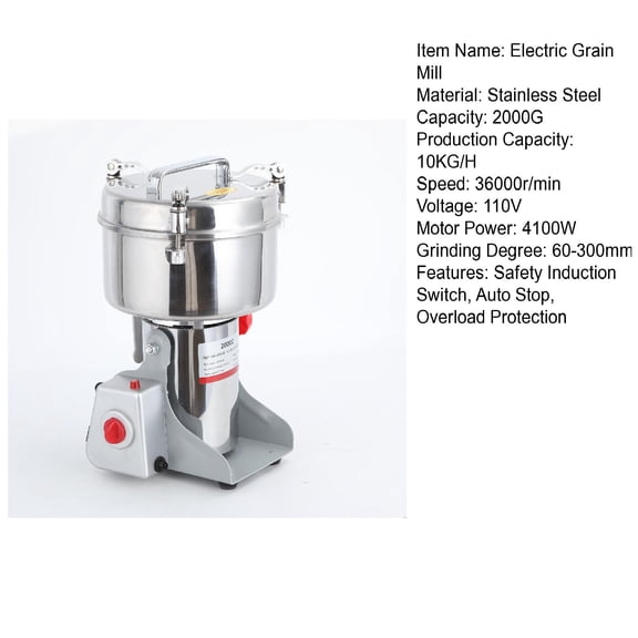 4100W Electric Grain Mill Grinder,2000g Stainless Steel Pulverizer,36000r/min High-Speed Grinding Machine for Wheat,Corn,Rice,Coffee Beans