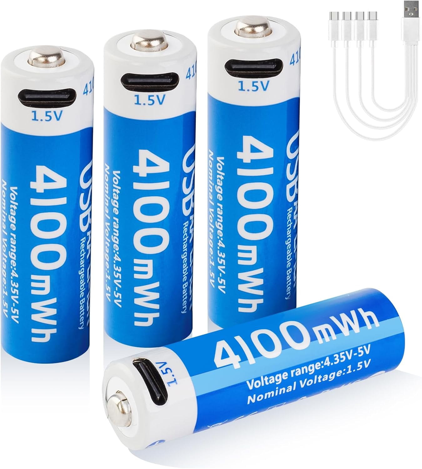 4100mWh Recharable Lithium AA Batteries 4 Pack, 1.5V USB Double A Lithium-ion Size, Long Lasting 1200 Cycles, High Capacity Battery for Toys, Flashlight, Smart Door Lock