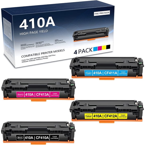 410A | CF410A CF411A CF412A CF413A(4 Pack, 1BK+1C+1M+1Y) Toner Cartridge Compatible Replacement for HP Color Pro MFP M477fdw M477fdn M452dw M477fnw M452nw M452dn Printer Toner