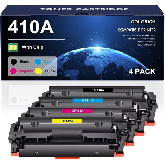 410A Toner Cartridges 410A CF410A Color Laserjet Pro MFP M477fnw M477fdw M477fdn M452dn M452nw M477 M452 M377 410X CF410X Printer Ink, Pack-4