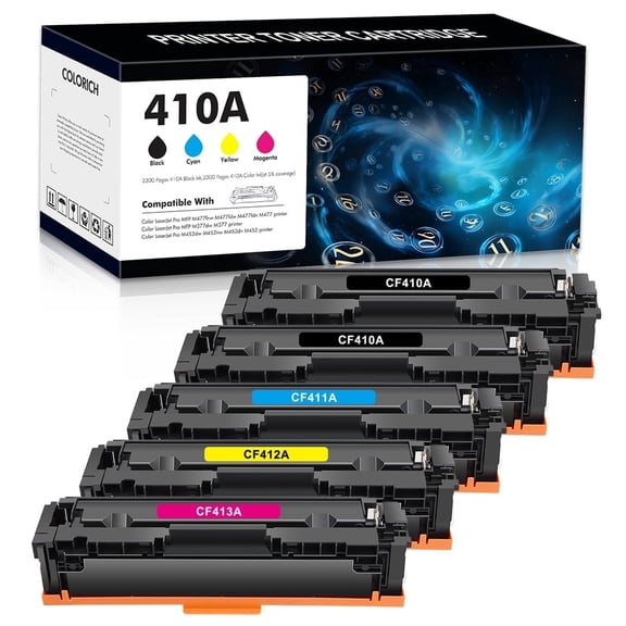 410A Toner Cartridges Pack-5 Black Cyan Magenta Yellow | Works with Color LaserJet Pro M477fnw M477fdw M477fdn M452dn M452dw M452nw Printers | CF410AQ