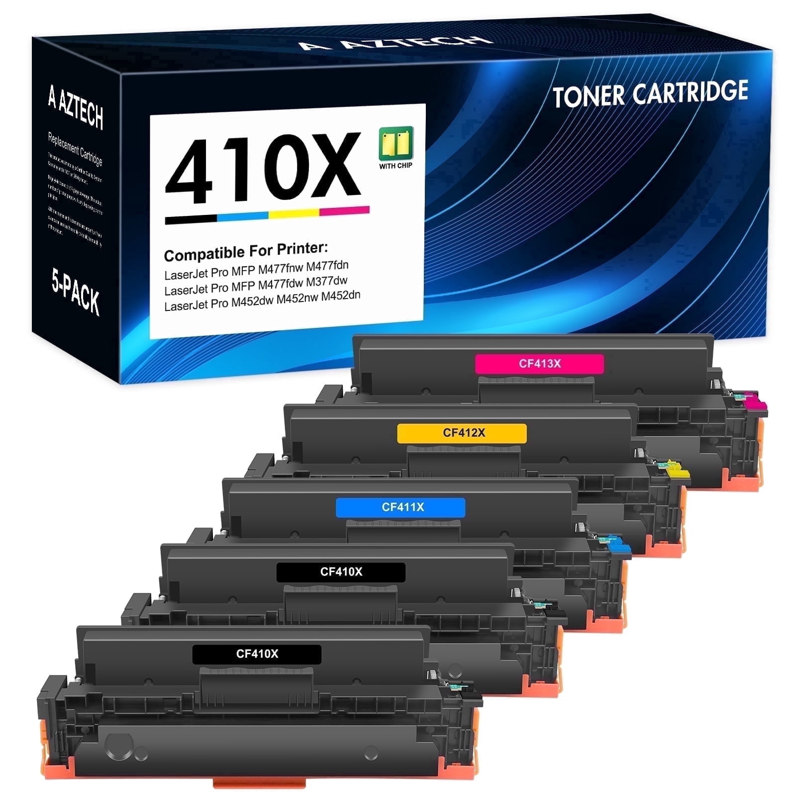 410X Toner Cartridges Compatible for 410A CF410A CF411A CF412A CF413A & 410X CF410X CF411X CF412X CF413X Printer Ink (Black, Cyan, Yellow, Magenta, 5-Pack)