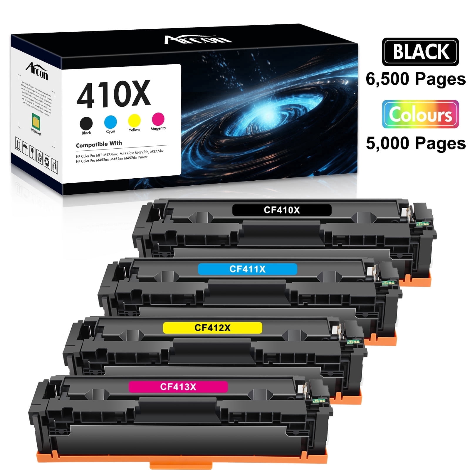 Compatible for HP 410X Toner Cartridges Laserjet MFP M477fnw M477fdw M452dn 410A 410X CF410A CF410X M477fdn M452nw M477 M452 M377 Printer Ink (Black Cyan Yellow Magenta, 4-Pack)