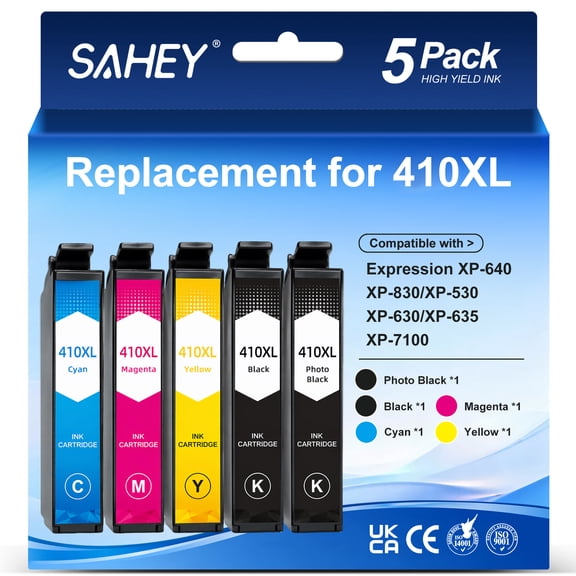 SAHEY 410XL Ink Cartridge Compatible for 410XL 410 XL Replacement for Expression XP-830 XP-640 XP-530 XP-630 XP-635 XP-7100(5 Pack, Black Cyan Magenta Yellow)