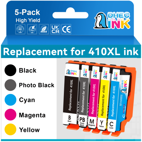 DHECINK 410 Ink Cartridge Compatible for Epson 410 XL 410XL Ink Cartridges for XP-7100 XP-830 XP-640 Printer (5 Pack)