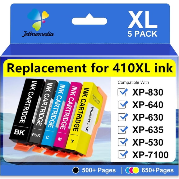 Ink Cartridges Compatible for 410XL Ink Cartridges Work with Epson XP-7100 XP-830 XP-640 XP-635 XP-630 XP-530 Printer (5-Pack)