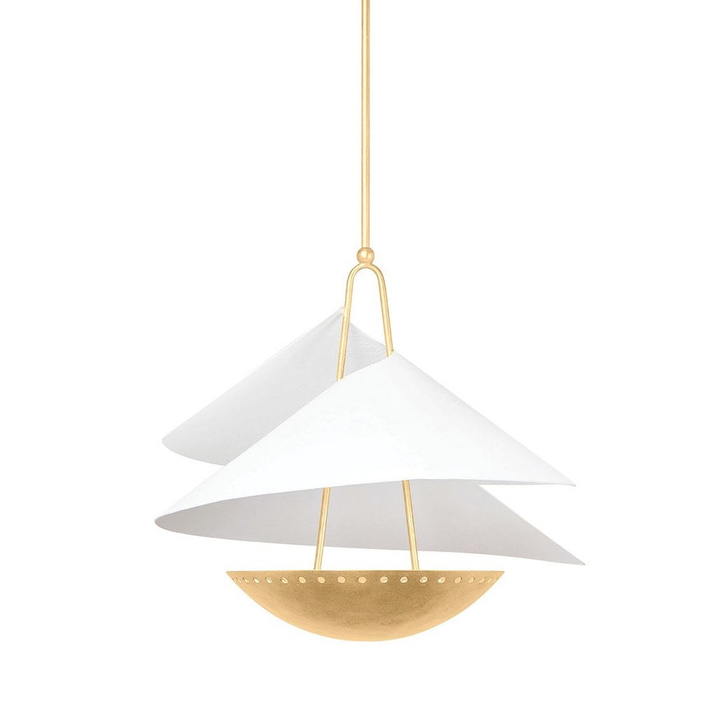 Carini Vintage Gold Leaf 3-Light Bowl Pendant with Gesso White Shade
