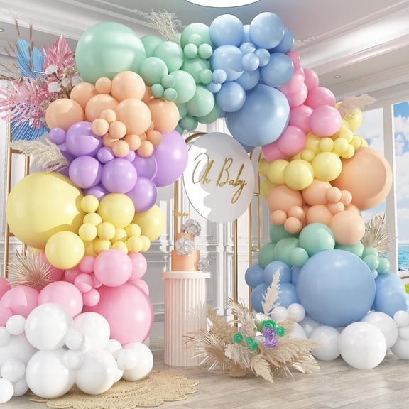 412 PCS Pastel Balloon Garland Arch Kit, 18 12 10 5 Inch Macaron Assorted Color Latex Balloons with Glue Points Ribbon and Balloon Strip for Birthday Wedding Graduation Easter Rainbow Party
