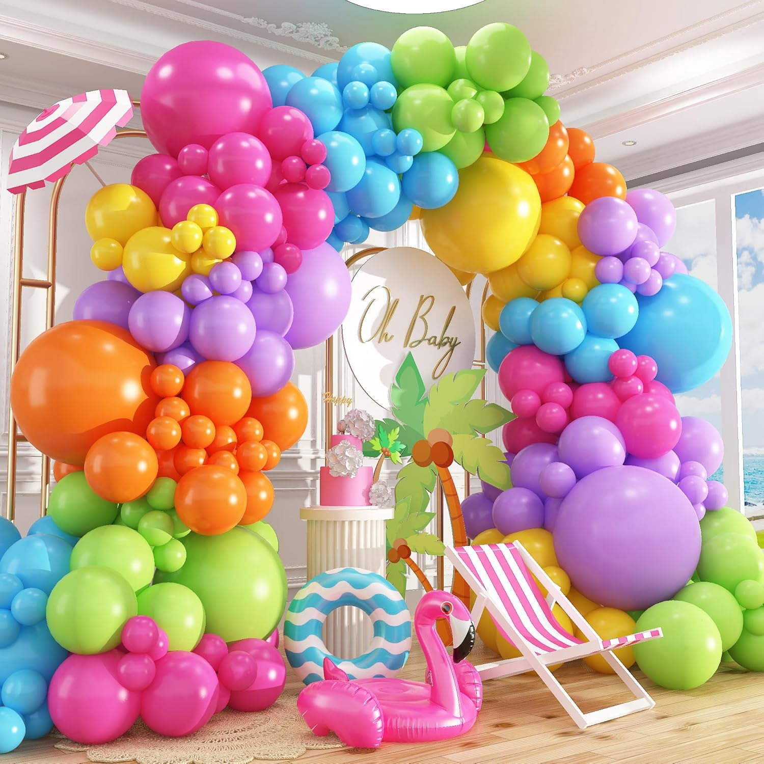 412pcs Summer Tropical Balloon Arch Garland Kit Different Sizes 18 12 10 5inch Rainbow Hot Pink Green Orange Blue Purple Balloons for Hawaiian Luau Aloha Baby Shower Birthday Party Decorations