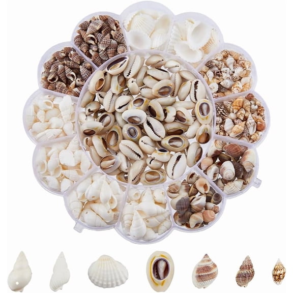 413pcs 7 Styles Mini Sea Shells Bulk Natural Conch Cowrie Spiral Shell Ornament Sets No Hole Craft Seashells Beads for DIY Jewelry Costume Making Fish Decoration for DIY