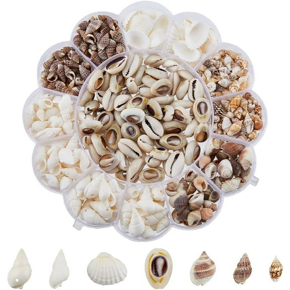 413pcs 7 Styles Mini Sea Shells Bulk Natural Conch Cowrie Spiral Shell Ornament Sets No Hole Craft Seashells Beads for DIY Jewelry Mermaid Crown Costume Making Fish Tank Decoration