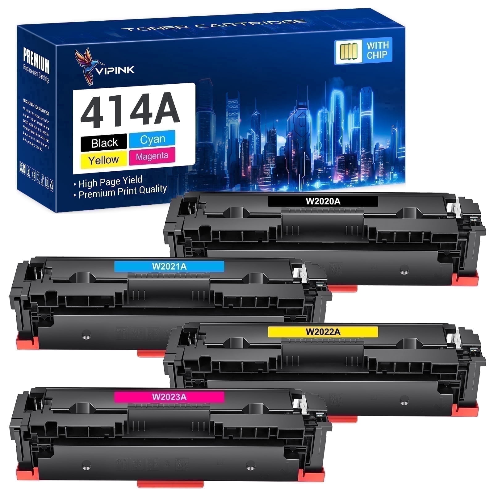 VIPink 414A Toner Cartridge 4-Pack (with Chip) Compatible for HP 414A 414X W2020A Color Laserjet Pro MFP M479fdw M454dw M479fdn M479dw M479 M454dn M454 M455 M480 Printer  (Black Cyan Magenta Yellow)
