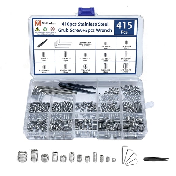 415 Pcs Socket Head Screws Metric Set Screw Assortment Kit (M3, M4, M5, M6, M8) Head Grub Screw with 5 Hex Wrenches and Tweezers,for Door Handles, Bathroom Fixture