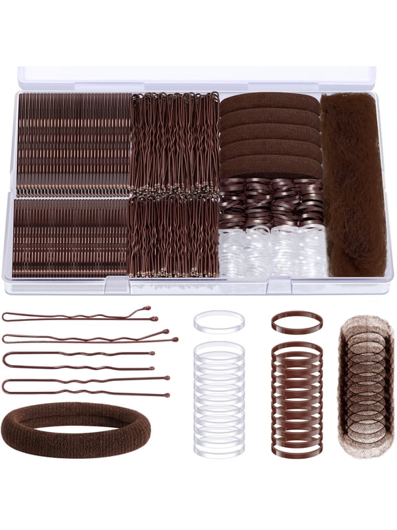 415 Pcs Bobby Pins & Hair Ties Kit, 200 Rubber Bands Brown & Clear 100 Bobby Pins 100 U-Shaped Pins 10 Hair Nets 5 Cotton Ties for Braids, Buns, Everyday Styles - 2" 2.4" 2.7"