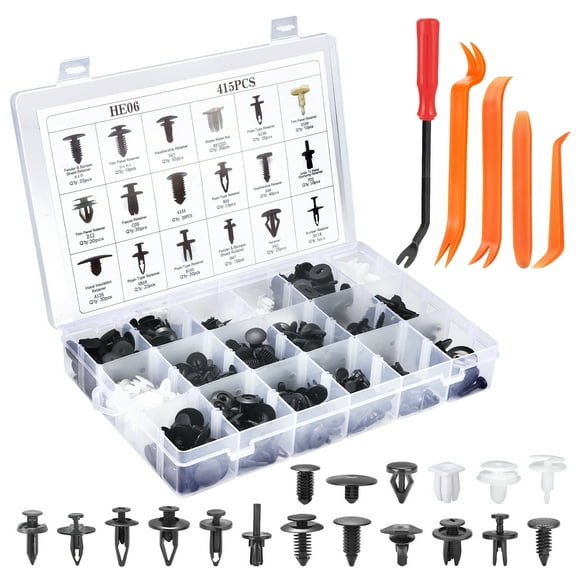 415pcs Car Retainer Clips & Fasteners Kit 18 Universal Sizes Nylon Bumper, Fender Rivets, Door Panel Clips, and Plastic Rivets with Removal Tool for Toyota, Ford