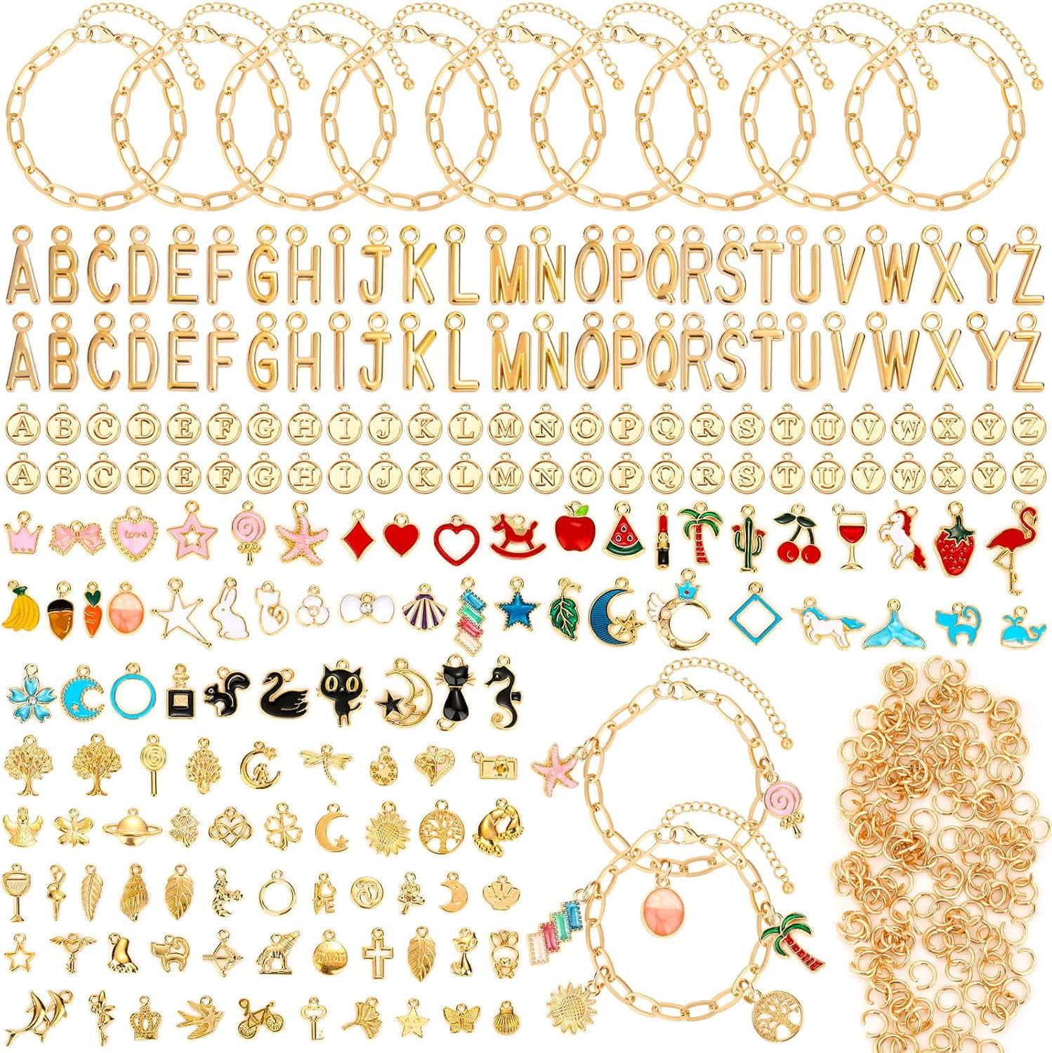 416 Pieces Gold Charm Bracelet Making Kit, Including Paperclip Chain Bracelets, Charms, Jump Rings for Jewelry Making