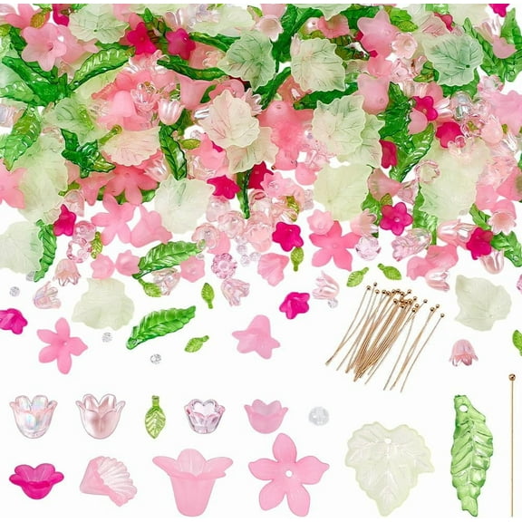 417 Pcs Acrylic Assorted Beads Kit Frosted Flower Beads Caps Maple Leaf Acrylic Pendants Leaf Loose Beads Earring Making Kit with Faceted Glass Beads Brass Ball Pins for Jewelry Making Colorful